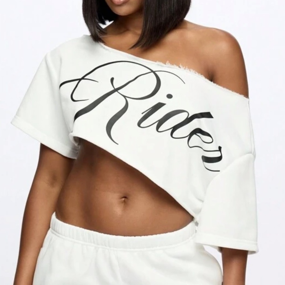 White Off-Shoulder Crop Top with Black Print